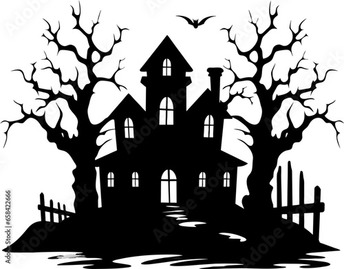 A silhouette haunted Halloween house with spooky trees