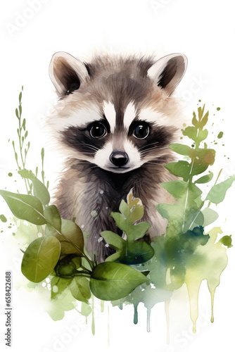 Raccoon surrounded by foliage isolated on a white background watercolor style