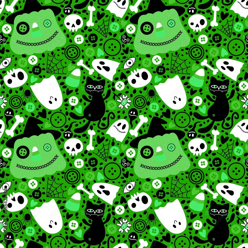 Cartoon doodle Halloween seamless cats and pumpkins snowman and skulls and bones pattern for wrapping paper Cartoon doodle Halloween seamless cats and pumpkins snowman and skulls and bones pattern for wrapping paper