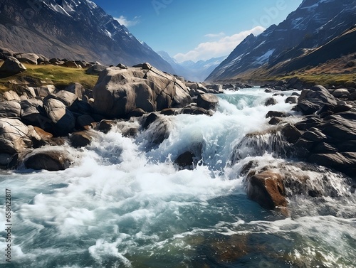 Relentless Nature: Action Shot of River Rapidly Flowing Over Rocks – Perfect for Adventure Blogs, Nature Enthusiasts, and Landscape Showcases