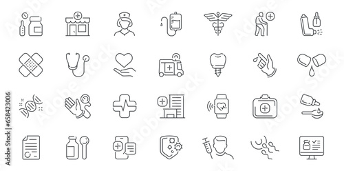 Pharmacy and medicine  hospital icons set. Healthcare collection of symbols and signs. Vector outline linear style