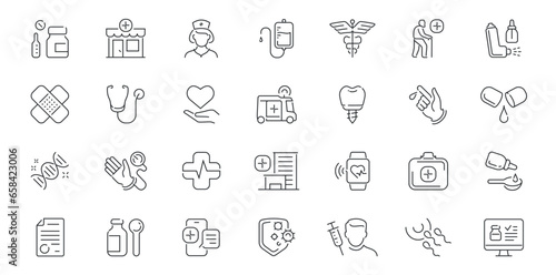 Pharmacy and medicine, hospital icons set. Healthcare collection of symbols and signs. Vector outline linear style