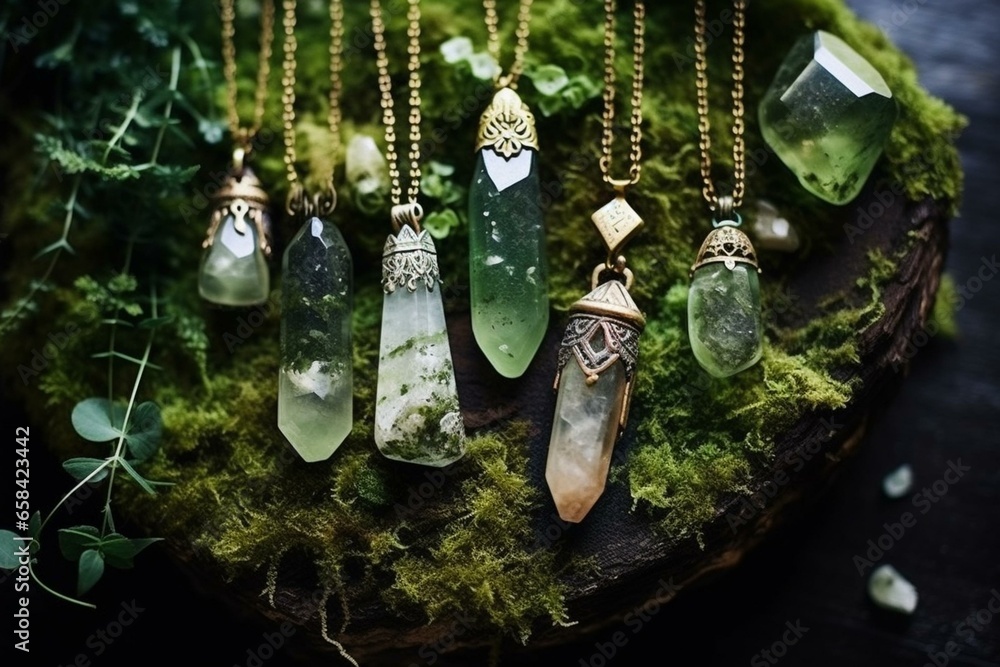 Crystal points amidst woodland, radiating fairy magic, adorned with moss agate. Delicate gems and stones. Generative AI