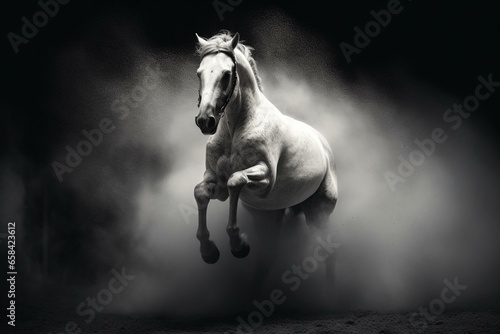 Monochrome photo of horse clearing high obstacle, raising dust. Equestrian, show jumping. Equine riding. Generative AI