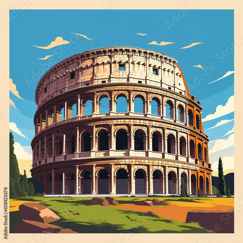 flat simple vector illustration, the coloseum in rome, ancient symbol of the Roman empire in the capital city of Italy. Most famous landmark in Rome. Travel destination. Roman civilization.