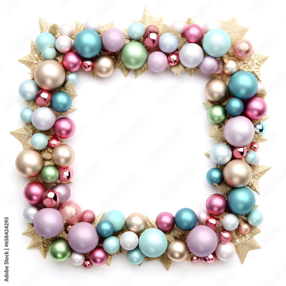 A square frame made of beautiful balls of pastel colors and golden stars. White background . Christmas atmosphere A square frame made of beautiful balls of pastel colors and golden stars. White background . Christmas atmosphere