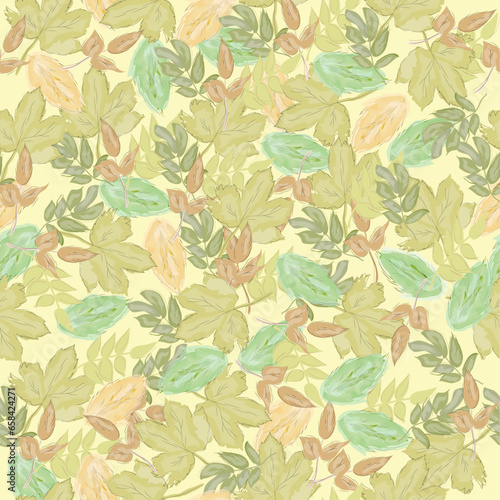 Seamless pattern with colored autumn leaves on a light yellow background. vector graphic for fabric, background, paper, wrapping