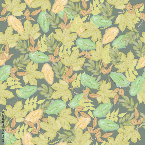 Seamless pattern with colored autumn leaves on a dark background. vector graphic for  fabric, background, paper, wrapping