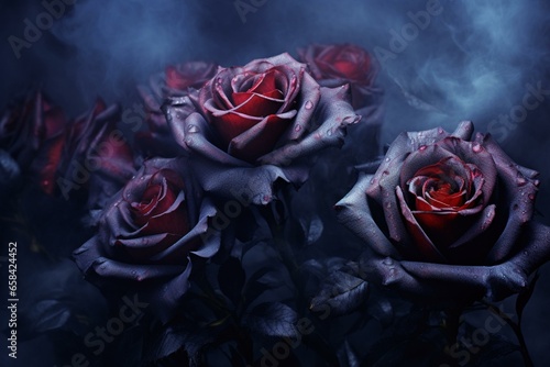 Beautiful dark roses against a dim background. Generative AI