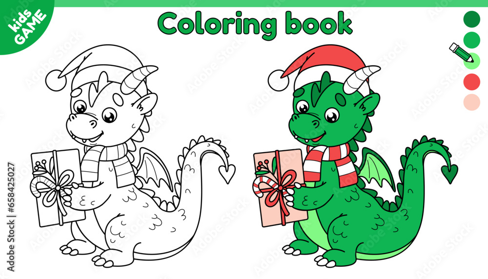 Obraz premium Cartoon dragon in Christmas red santa claus hat. Page of coloring book for children with holiday dragon with a gift in paws. Color outline picture. Vector kids illustration of symbol of the new year.