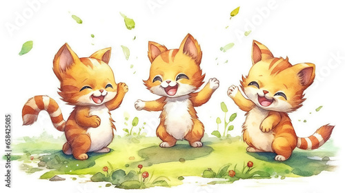 Three cheerful kittens dancing among flowers
