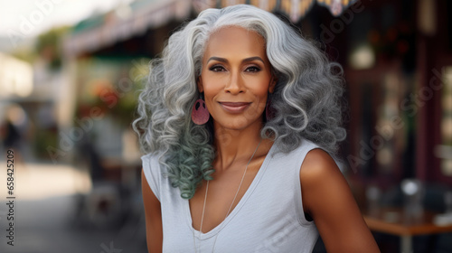Beautiful gray-haired mature woman with healthy long hair outdoor. © PaulShlykov