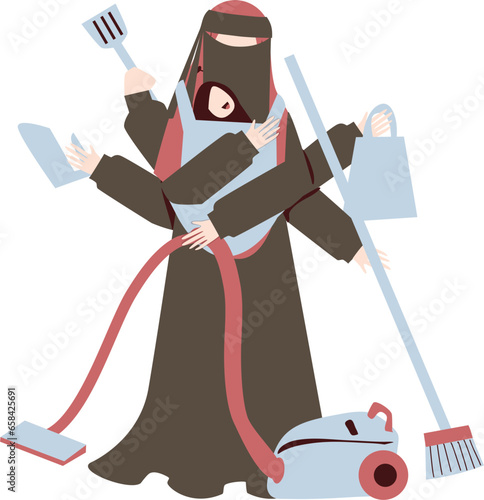 Muslim woman doing household chores, multitasking mother, supermom Illustration 