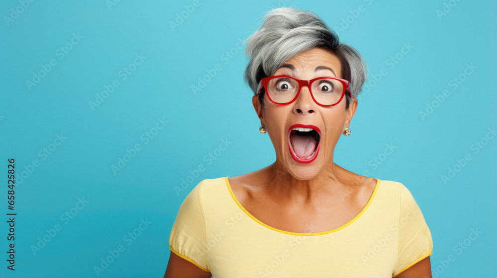 Φωτογραφία Happy older middle aged woman wearing yellow t-shirt and glasses over blue background feeling shocked with surprise expression, excited face