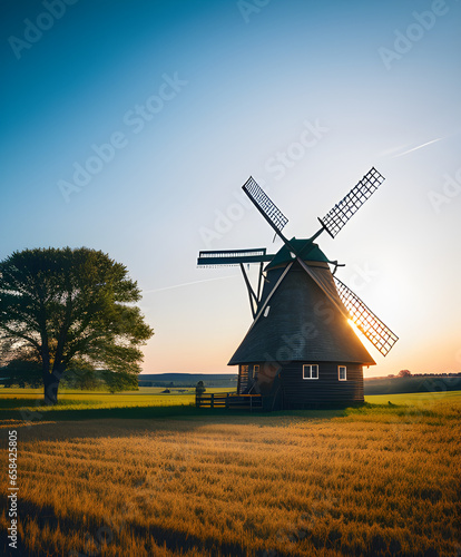 A Serene Countryside Scene With A Rustic Wooden Windmill Standing Tall In A Vast Wheat Field