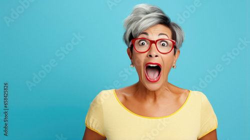 Happy older middle aged woman wearing yellow t-shirt and glasses over blue background feeling shocked with surprise expression, excited face.