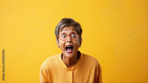 Young older mature middle aged woman wearing glasses and yellow shirt over yellow background excited and surprised with wow expression, excited face.