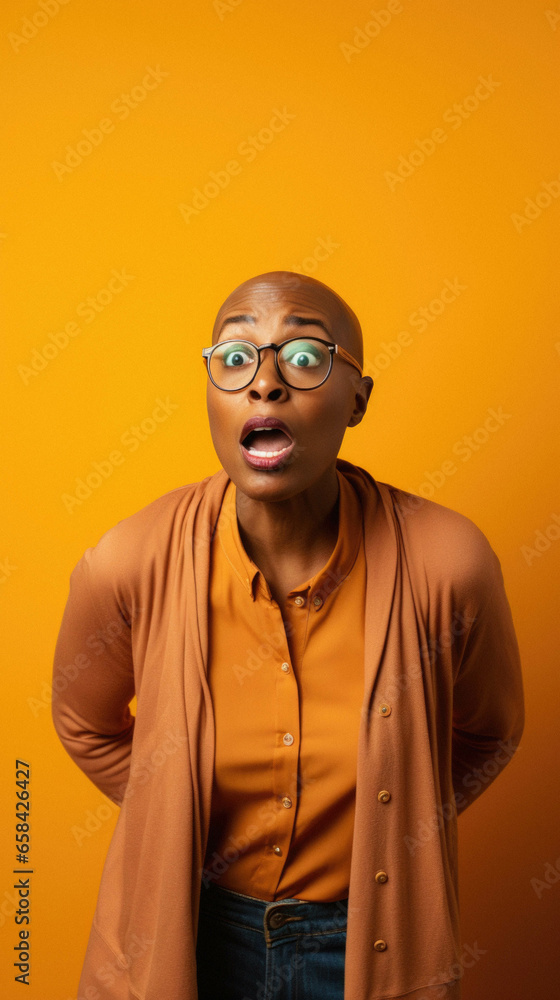 Fototapeta premium Shocked bald african american woman wearing casual clothes afraid and shocked with surprise expression, fear and shocked face.