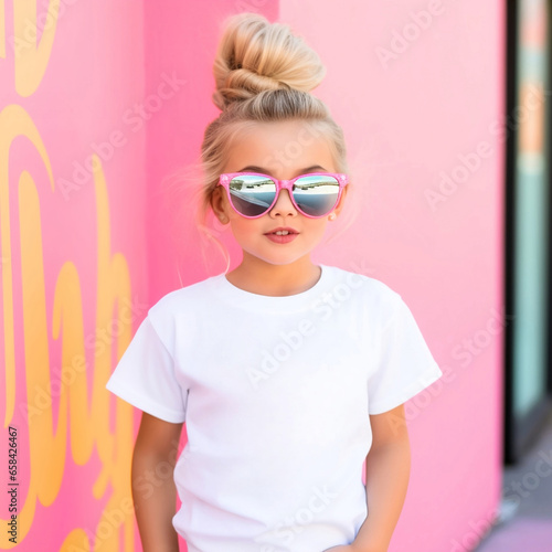Sassy Little Girl Wearing a Blank Solid Short Sleeve T-Shirt Mockup Posing in Front of Colorful Painted Wall Mural