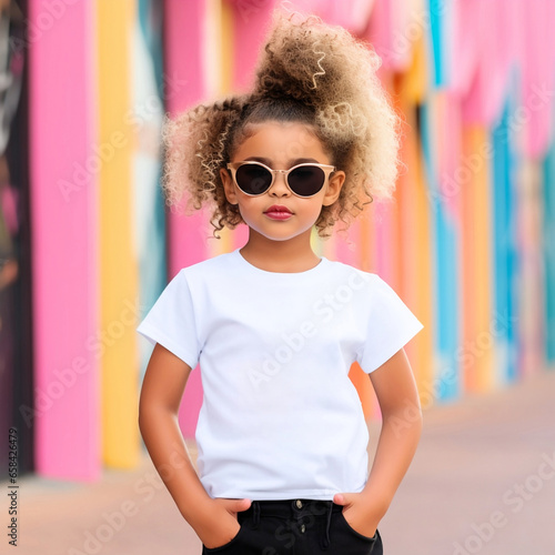 Sassy Little Girl Wearing a Blank Solid Short Sleeve T-Shirt Mockup Posing in Front of Colorful Painted Wall Mural photo