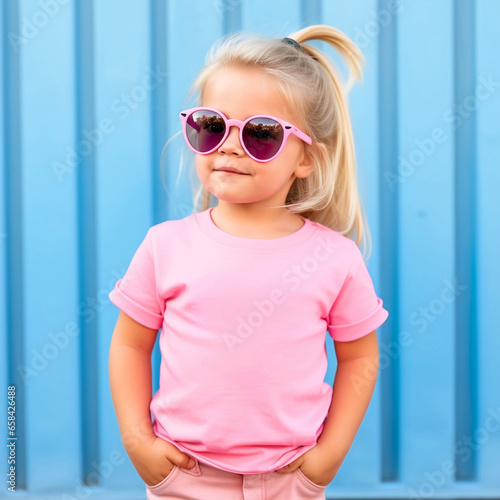 Sassy Little Girl Wearing a Blank Solid Short Sleeve T-Shirt Mockup Posing in Front of Colorful Painted Wall Mural photo