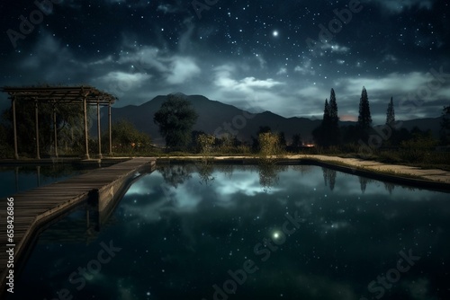 Night sky over old pool with transparent water. Generative AI