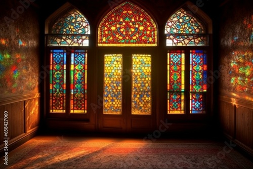 An enchanting mosaic window with vibrant colors and sunlight filtering through. Generative AI