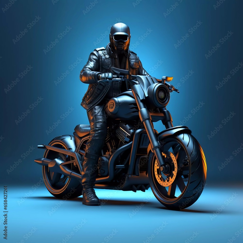 Male 3D character wearing a black jacket and helmet riding a motorbike