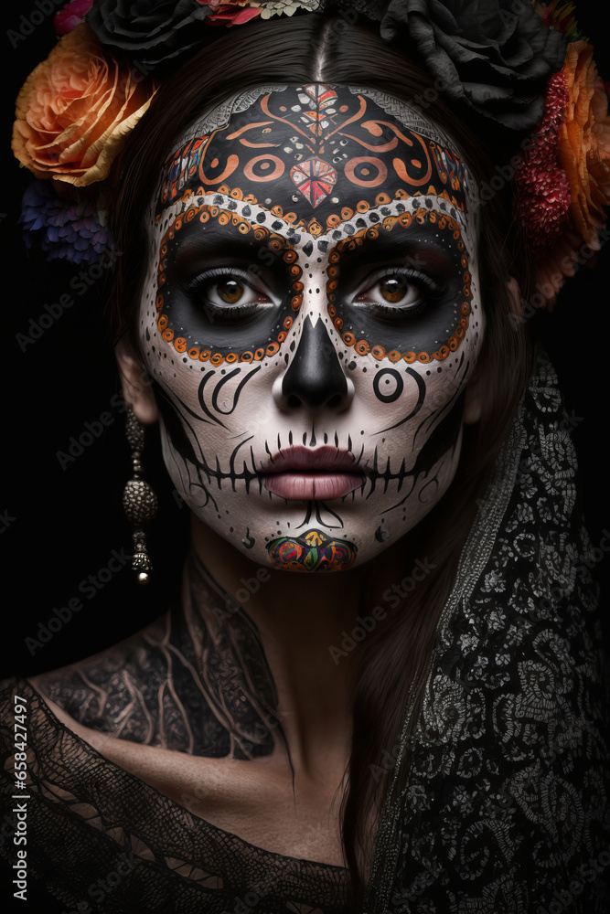 Young woman with the Day of the Dead make up and costume, Mexican tradition, generative AI