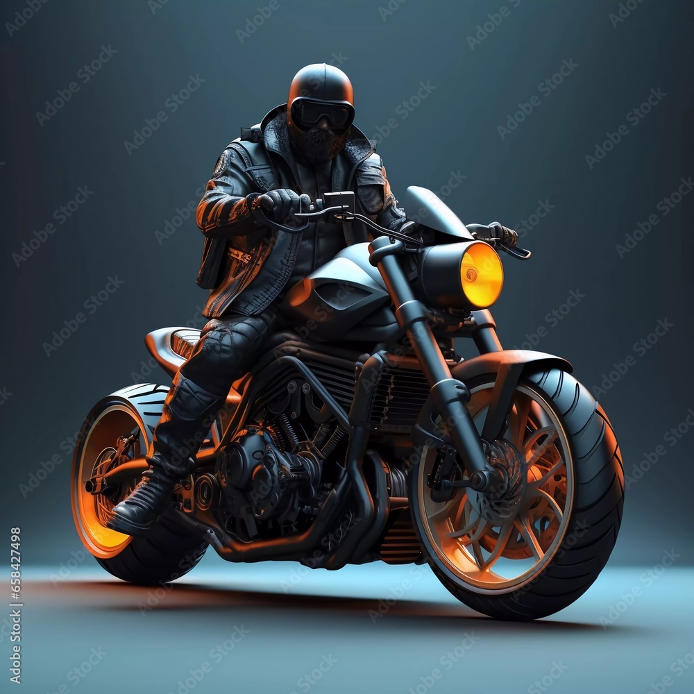 Male 3D character wearing a black jacket and helmet riding a motorbike