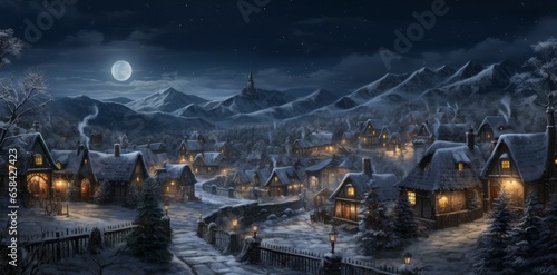Winter village at night with moon and stars