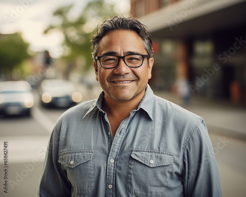 casually dressed middle aged latino man wearing glasses photo