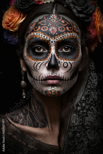 Young woman with the Day of the Dead make up and costume  Mexican tradition  generative AI