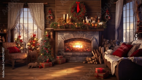 Composite image of christmas living room with fireplace and presents