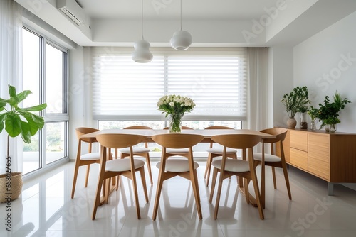 A set of tables and chairs in a bright dining room