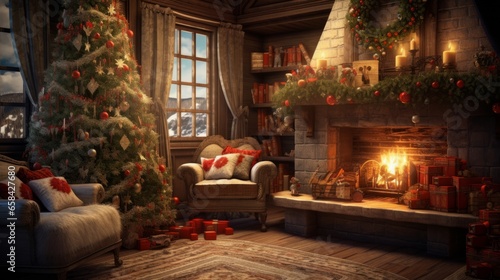 Christmas interior with fireplace and christmas tree