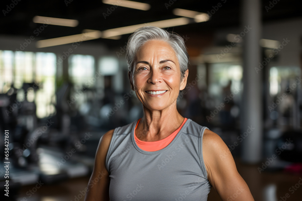 Fototapeta premium Smiling senior woman in a gym, very fit, fitness for seniors concept