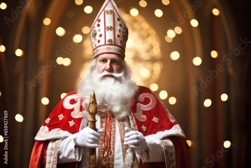 Saint Nicholas or Sinterklaas portrait. Christmas season. Dutch and Belgian Christmas holiday traditions photo