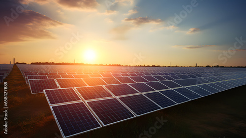 Vast field of solar panels at sunset