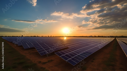 Vast field of solar panels at sunset