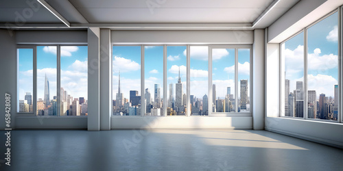Empty interior view of modern metropolis through the window photo