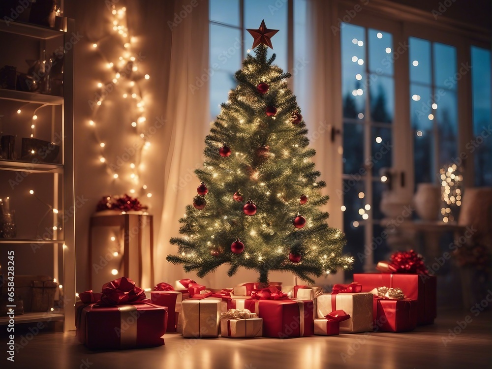  illuminated decorative Christmas tree and gift boxes inside the house