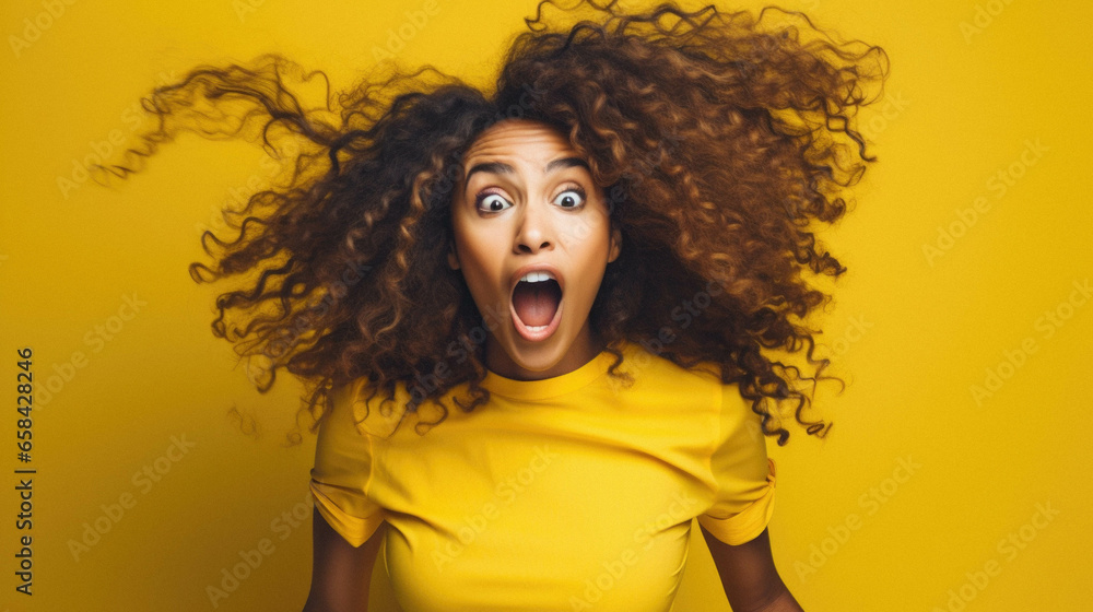 Young african american woman with afro hair wearing casual yellow t - shirt very happy and excited looking winner winner celebrating arms screaming, anger smiling and screaming