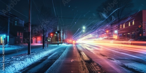 city street at night after snow