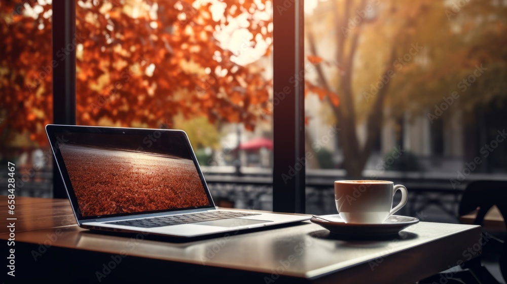 Fototapeta premium Laptop and coffee cup on table in coffee shop with autumn leaves background
