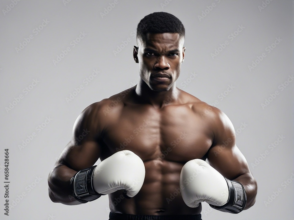portrait of a young American black boxer with mucular body, looking angry and wearing red color boxing gloves. isolated white background