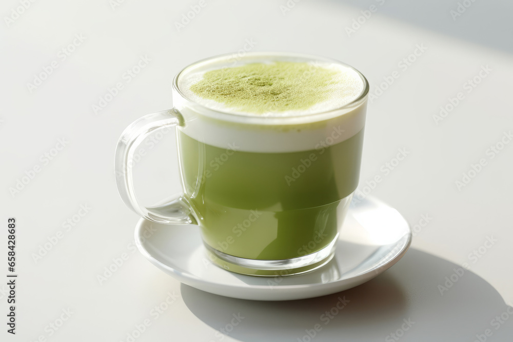 Matcha latte in a glass with latte art on a sunny day on white table Matcha latte in a glass with latte art on a sunny day on white table