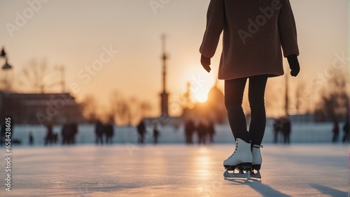 A beautiful woman ice skating on ice rink in winter at sunset
