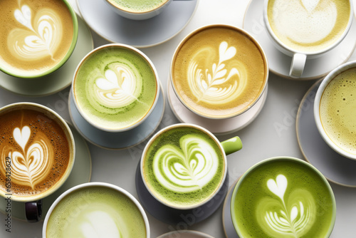 Many matcha and turmeric lattes in mugs with latte art overhead view