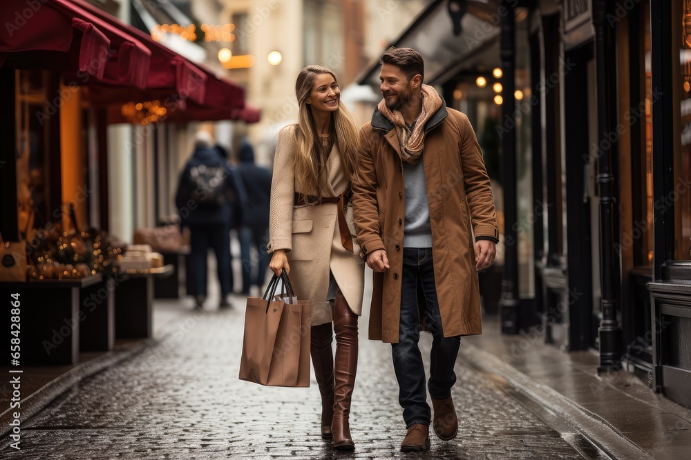 A couple walking hand in hand on a commercial street A couple walking hand in hand on a commercial street